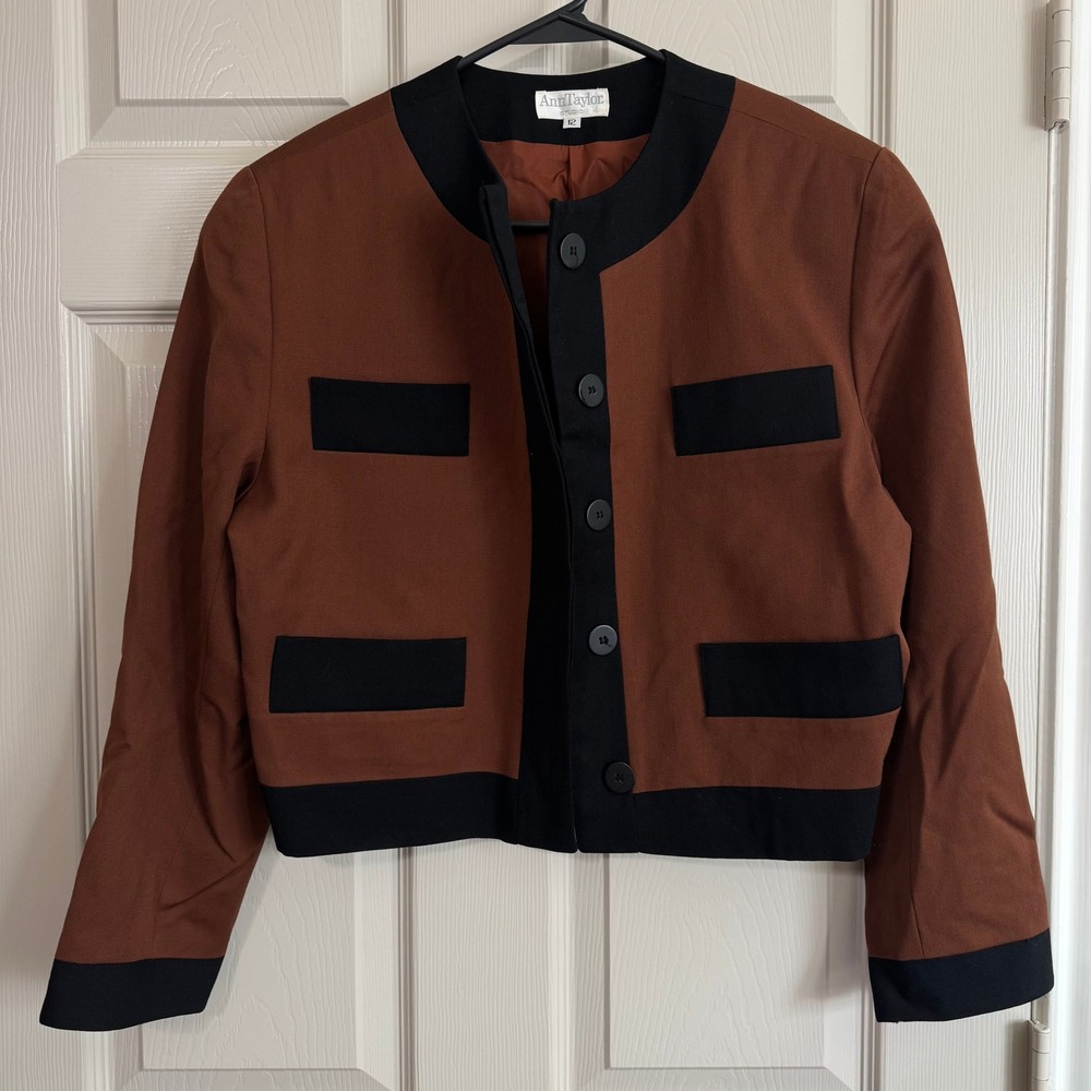 Ann Taylor Studio Vintage Wool Cropped Blazer‎ Brown Black Colorblock Womens 12